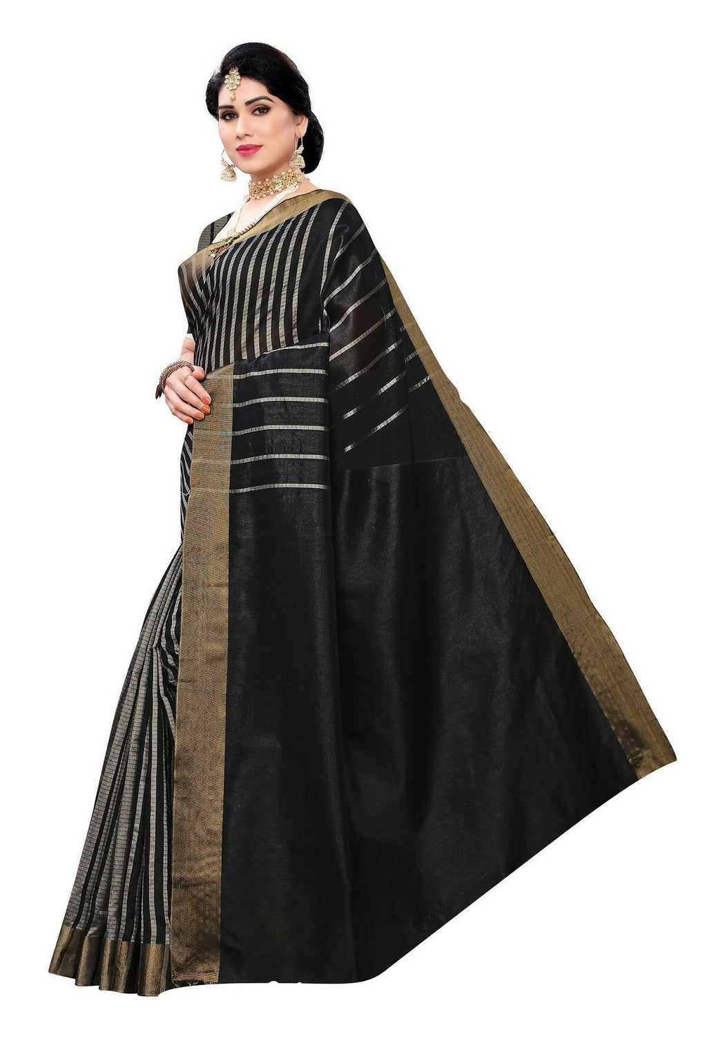 Vamika Black and White Lines Cotton Silk Weaving Saree (Paithani Black) | Grab2Buy