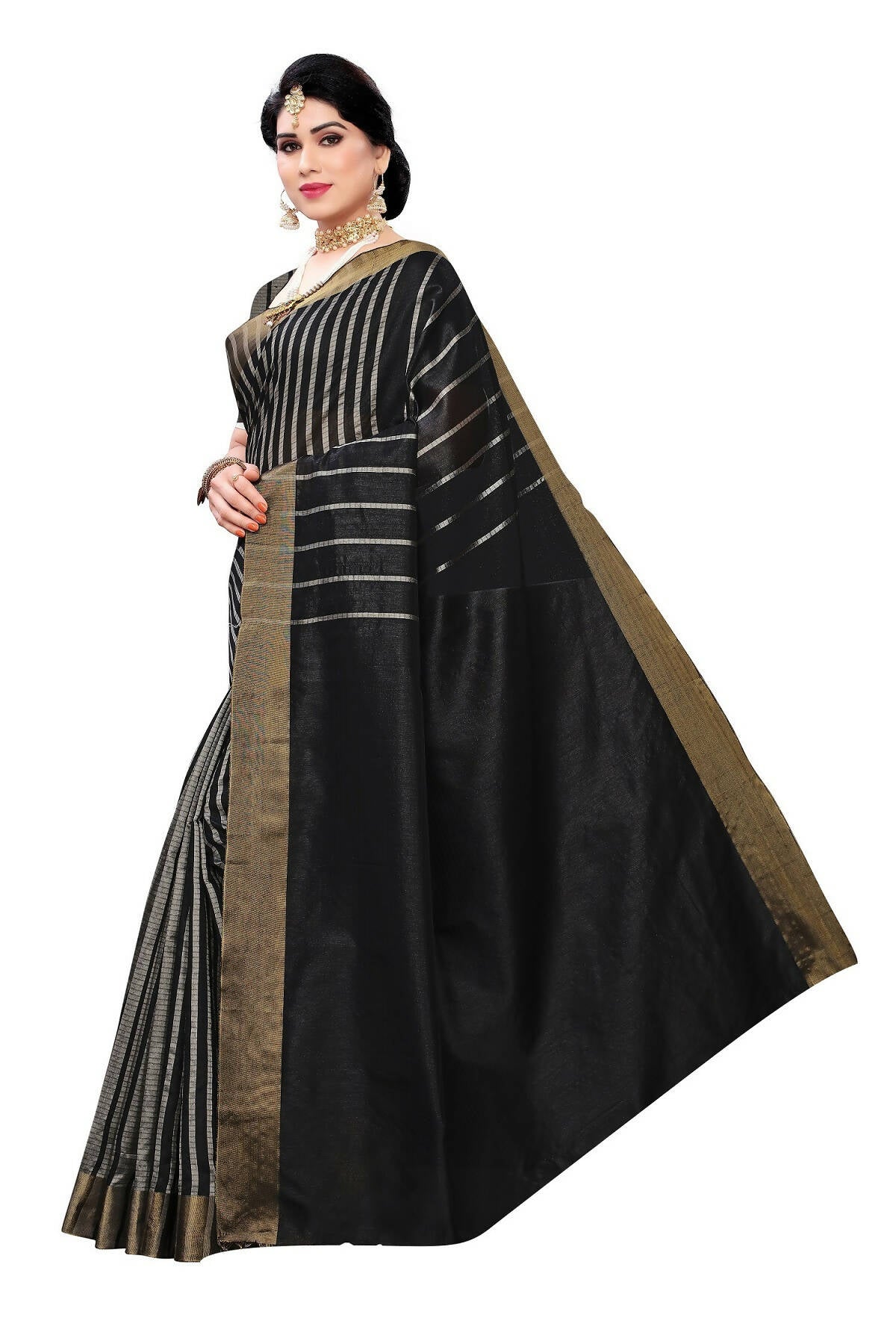Vamika Black and White Lines Cotton Silk Weaving Saree (Paithani Black) | Grab2Buy