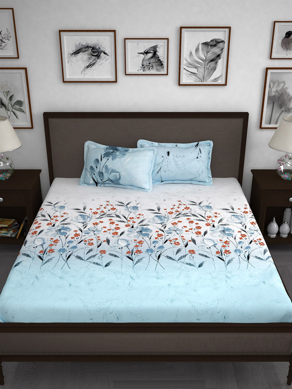 Story@home White & Blue Floral 210 TC Cotton 1 King Bedsheet with 2 Pillow Covers | Grab2Buy