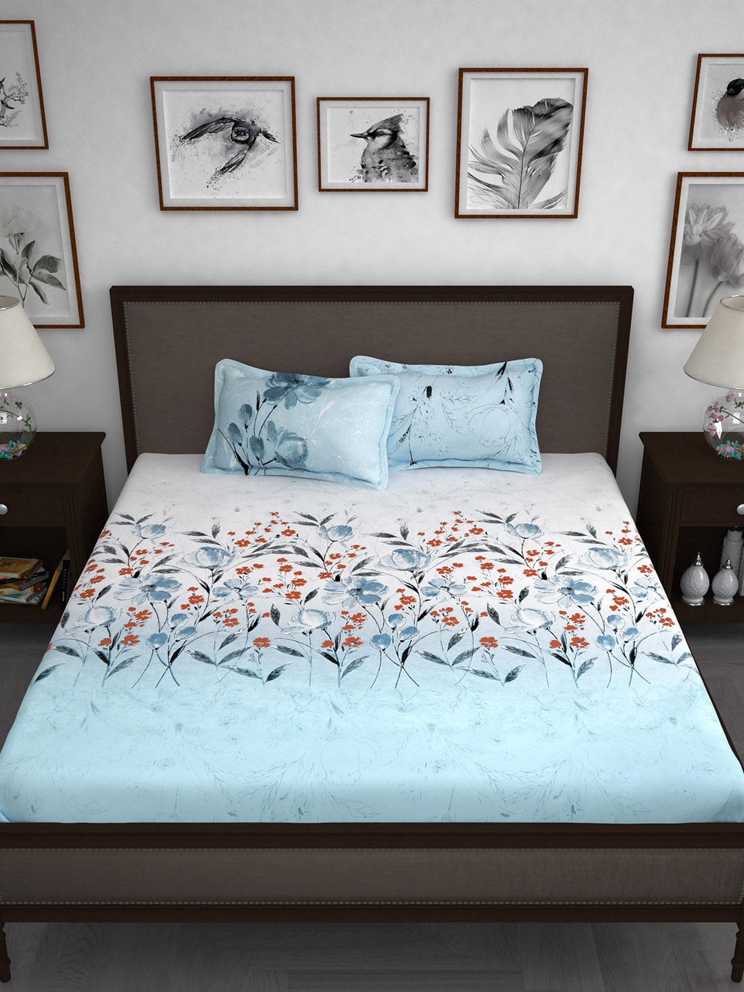 Story@home White & Blue Floral 210 TC Cotton 1 King Bedsheet with 2 Pillow Covers | Grab2Buy