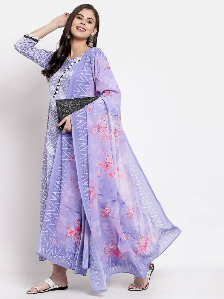 Myshka Women's Purple Silk Printed 3/4 Sleeve Round Neck Casual Anarkali Kurta Dupatta Set | Grab2Buy