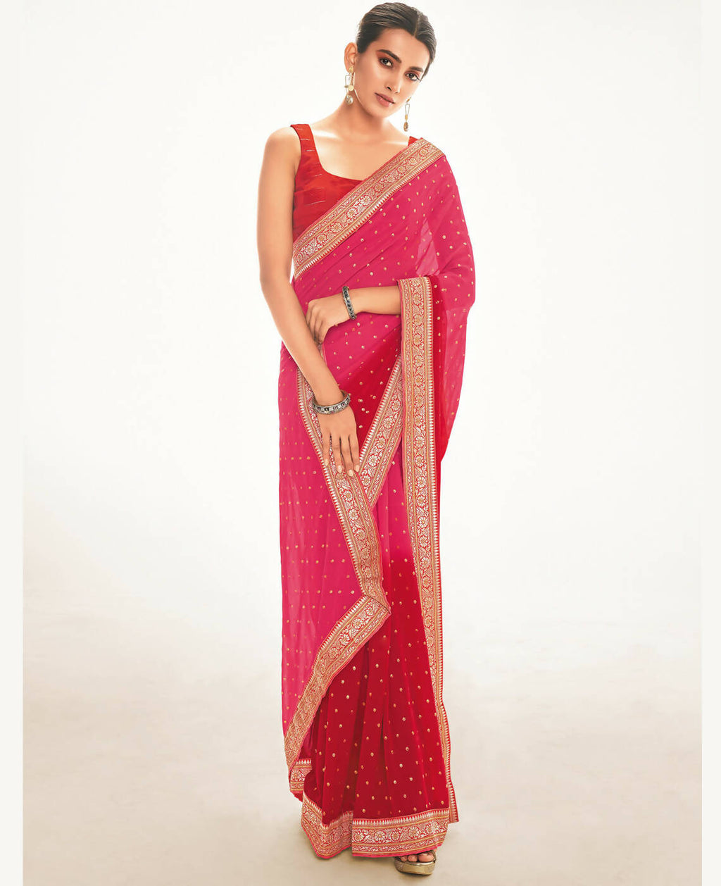 Pink Georgette Foil Printed Saree With Unstitched Blouse Piece - Nitya | Grab2Buy