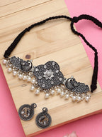 Cardinal Silver-Toned Black Colored Oxidized Choker Jewellery Set | Grab2Buy