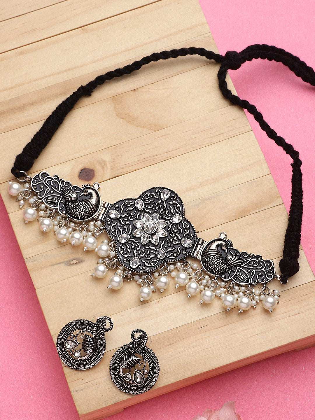 Cardinal Silver-Toned Black Colored Oxidized Choker Jewellery Set | Grab2Buy