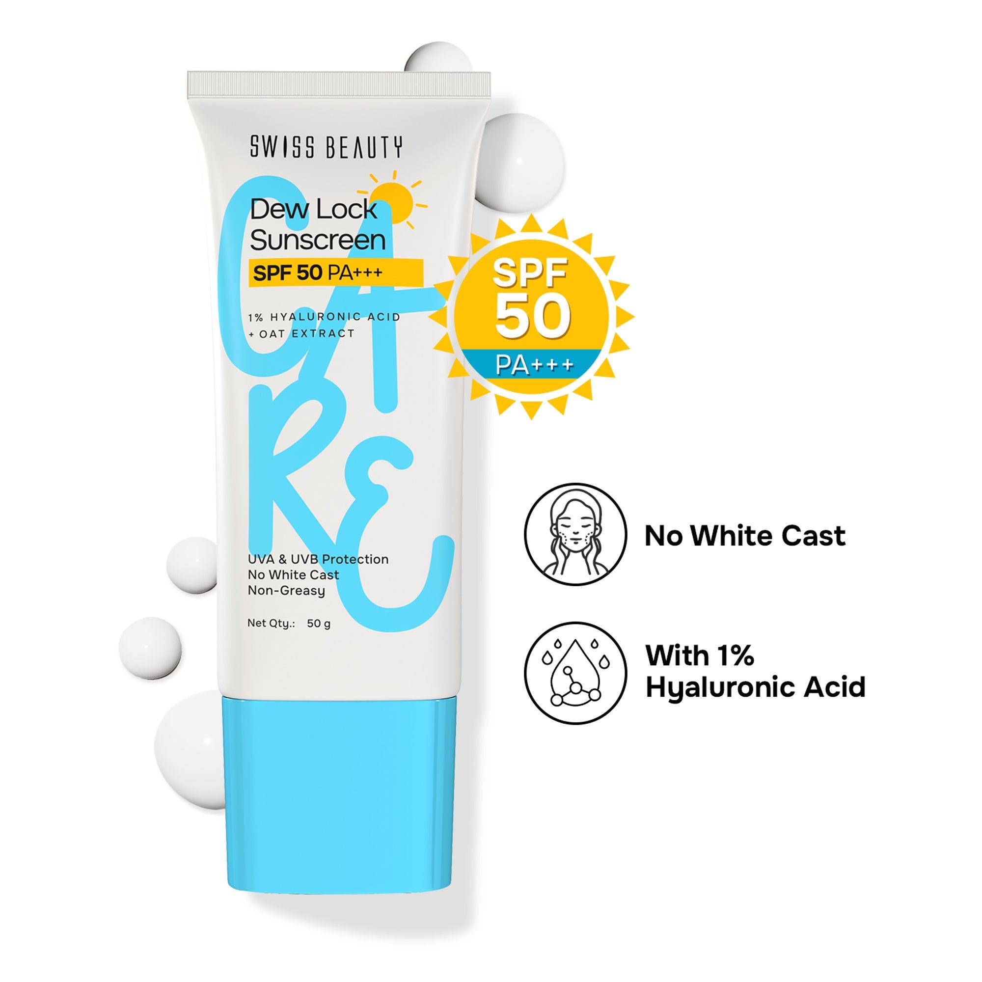 Swiss Beauty Care Dew Lock Sunscreen SPF 50 PA++++ With 1% Hyaluronic Acid | Grab2Buy