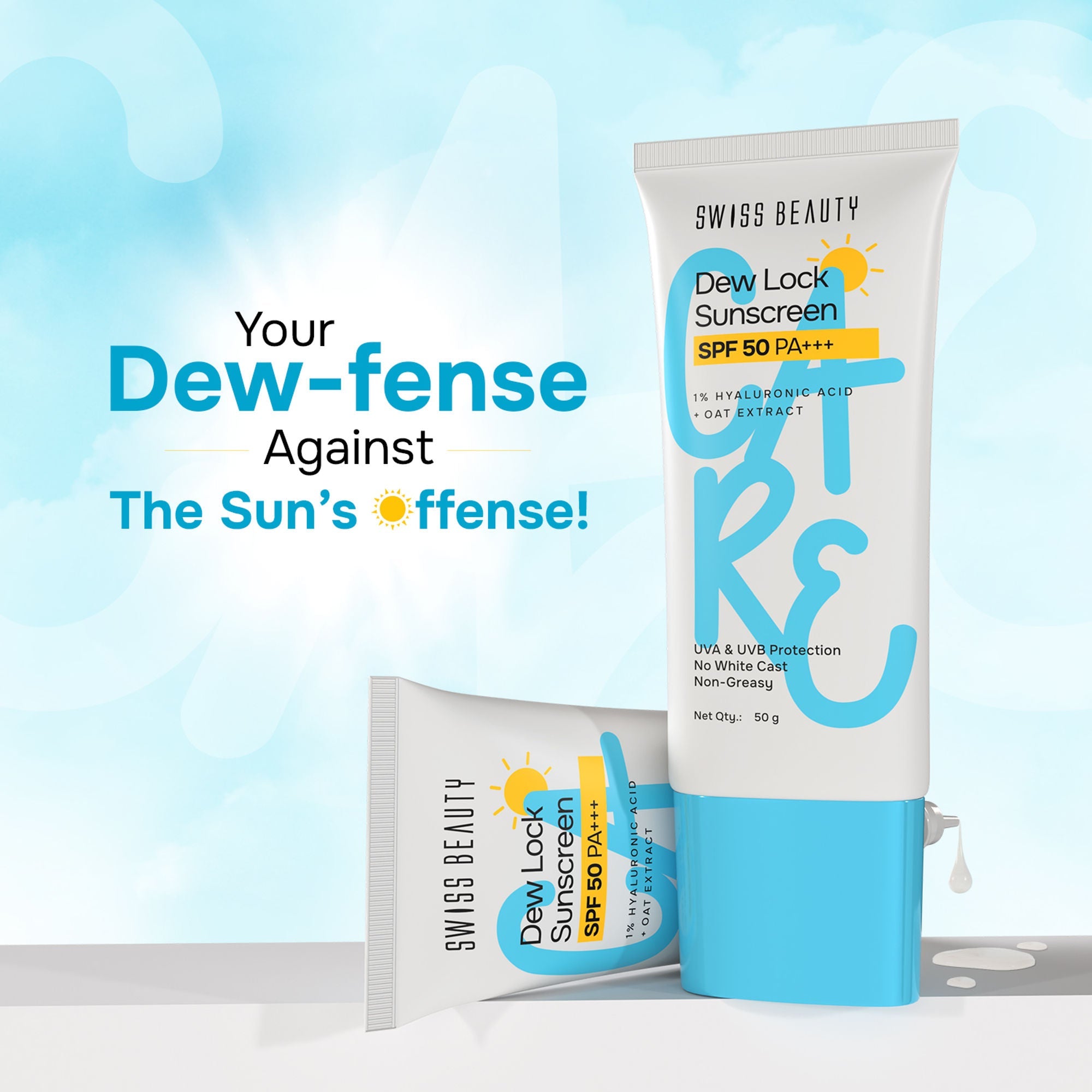 Swiss Beauty Care Dew Lock Sunscreen SPF 50 PA++++ With 1% Hyaluronic Acid | Grab2Buy