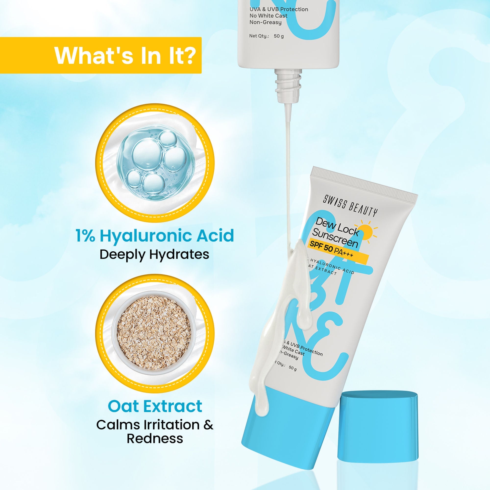 Swiss Beauty Care Dew Lock Sunscreen SPF 50 PA++++ With 1% Hyaluronic Acid | Grab2Buy