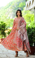 Yufta Women Red Floral Yoke Design Regular Aari Work Pure Cotton Kurta with Trouser & With Dupatta | Grab2Buy