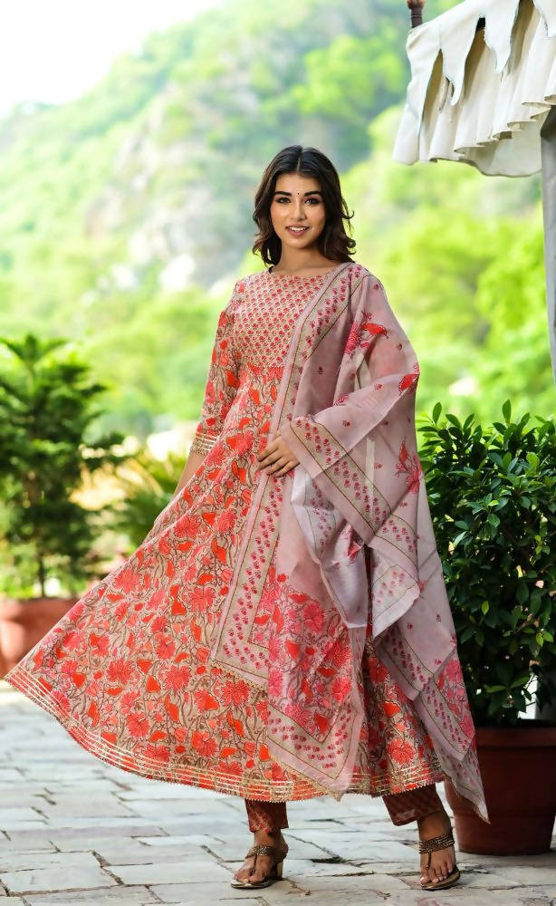 Yufta Women Red Floral Yoke Design Regular Aari Work Pure Cotton Kurta with Trouser & With Dupatta | Grab2Buy