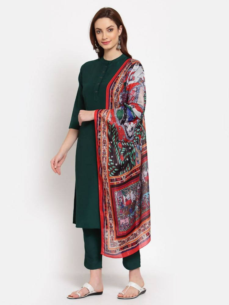 Myshka Women's Green Solid Cotton 3/4 Sleeve Mandarin Neck Casual Kurta Pant Dupatta Set | Grab2Buy