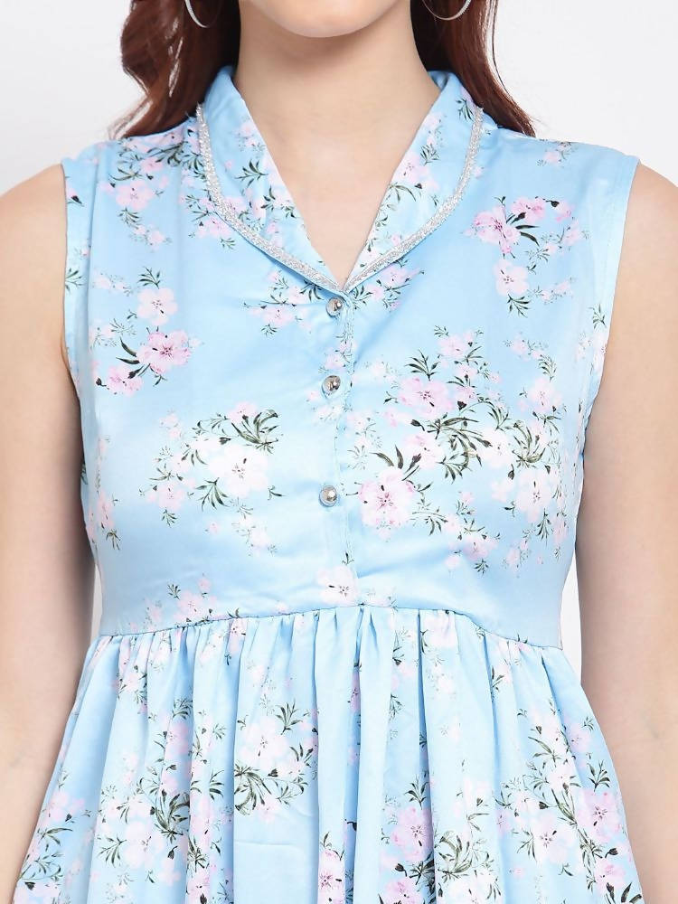 Myshka Women's Sky Blue Printed Cotton Blend Sleeveless Coller Casual Dress | Grab2Buy