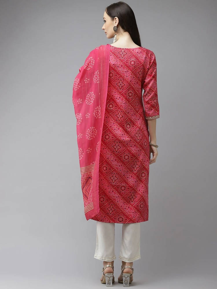 Yufta Women Pink Bandhani Printed Panelled Gotta Patti Kurta with Palazzo & With Dupatta | Grab2Buy