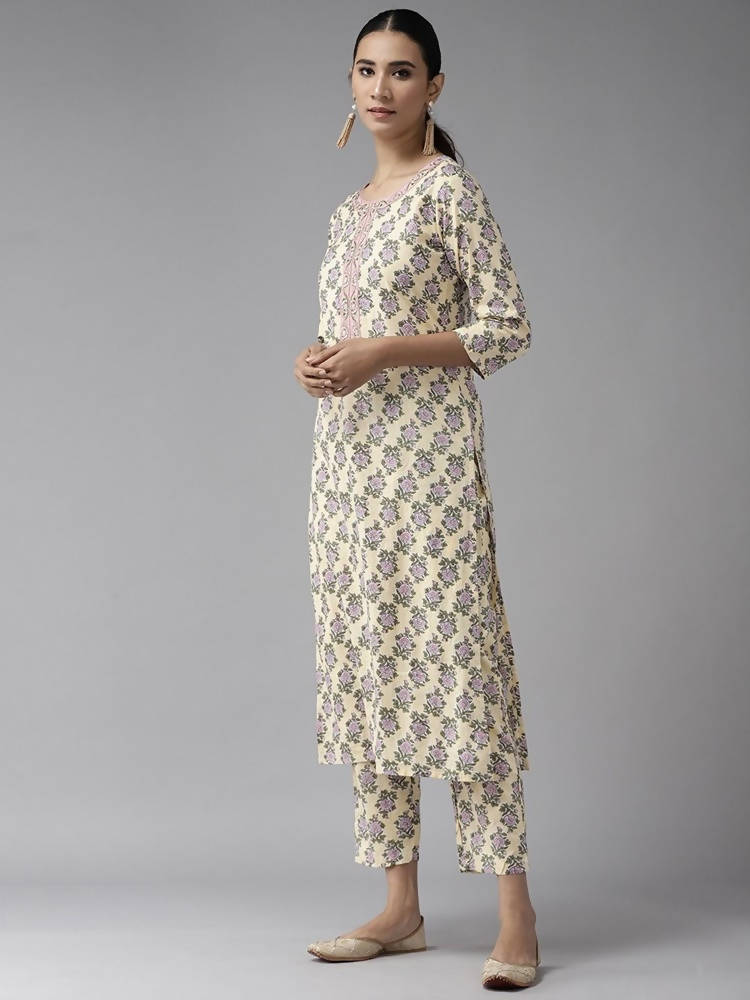 Yufta Women Yellow & Green Floral Handblock Printed Cotton Kurta with Trouser & Dupatta | Grab2Buy