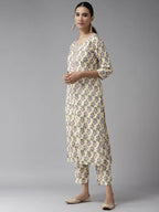 Yufta Women Yellow & Green Floral Handblock Printed Cotton Kurta with Trouser & Dupatta | Grab2Buy