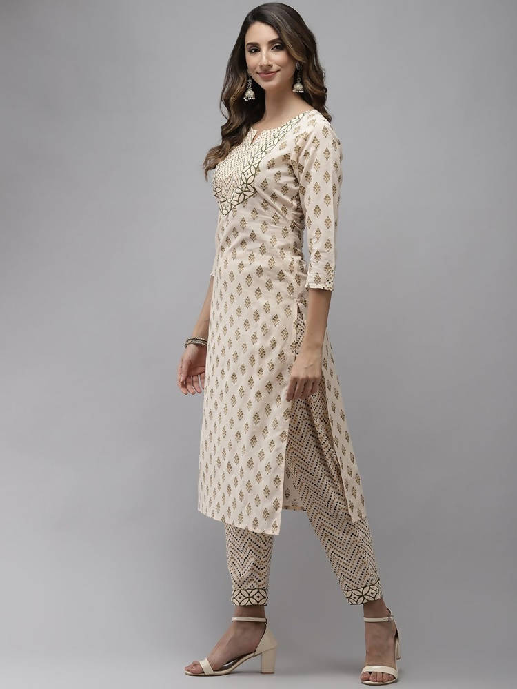Yufta Women Beige & Green Ethnic Motifs Printed Cotton Kurta with Trouser With Dupatta | Grab2Buy