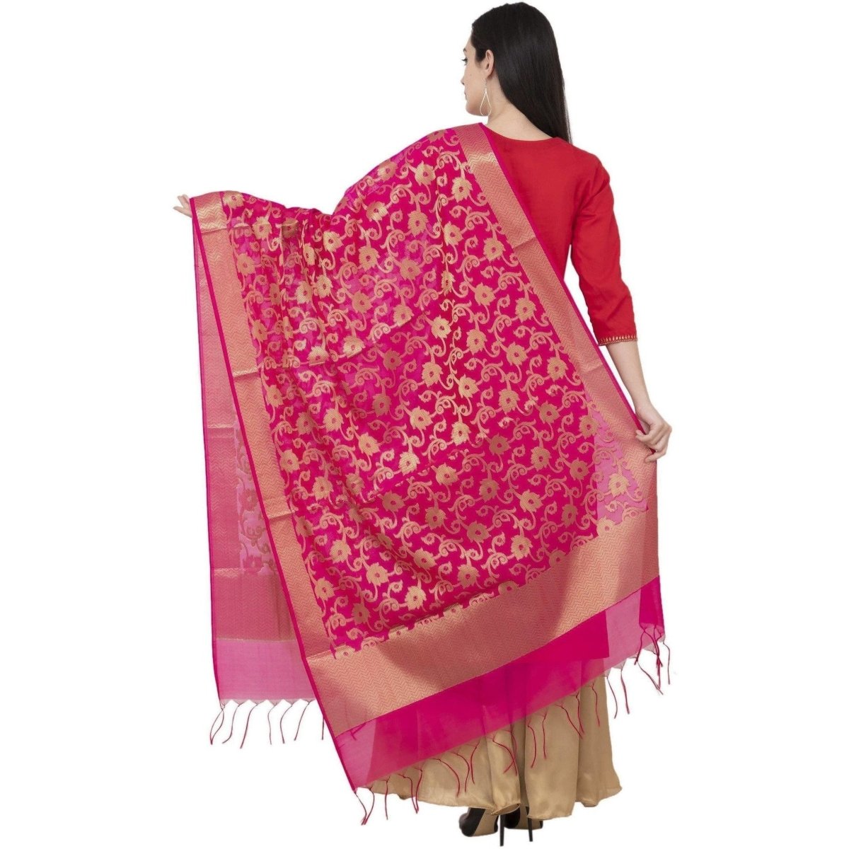 A R Silk VNS Jaal Fancy Dupatta Color Rani Dupatta or Chunni | Grab2Buy