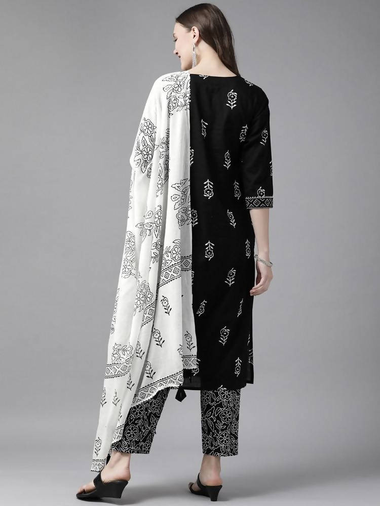 Yufta Women Black & White Ethnic Print Sequined Pure Cotton Kurta with Trouser and Dupatta | Grab2Buy
