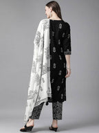 Yufta Women Black & White Ethnic Print Sequined Pure Cotton Kurta with Trouser and Dupatta | Grab2Buy