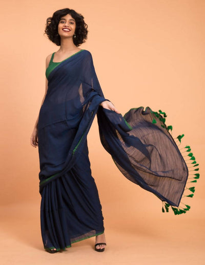 Suta Blue Green Solid Cotton Blend Saree