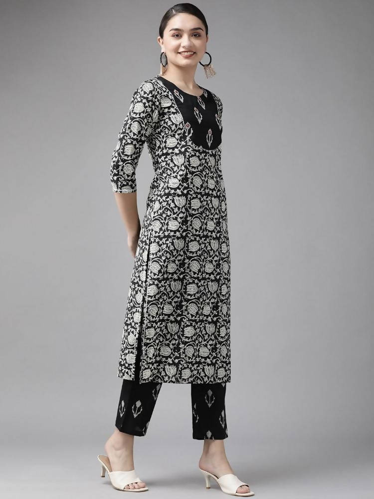 Yufta Black & Off-White Ethnic Screen Print Cotton Straight Kurta Palazzo & Dupatta | Grab2Buy