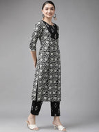Yufta Black & Off-White Ethnic Screen Print Cotton Straight Kurta Palazzo & Dupatta | Grab2Buy