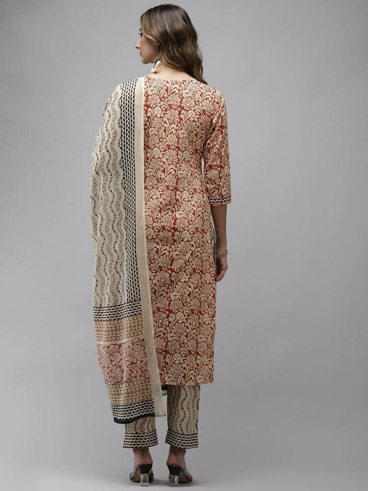 Yufta Women Beige Ethnic motifs Printed Kurta with Trouser & With Dupatta | Grab2Buy