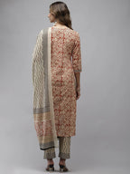 Yufta Women Beige Ethnic motifs Printed Kurta with Trouser & With Dupatta | Grab2Buy