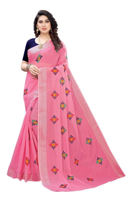 Vamika Chanderi Cotton Embroidery Pink Saree (Dixa Pink) | Grab2Buy