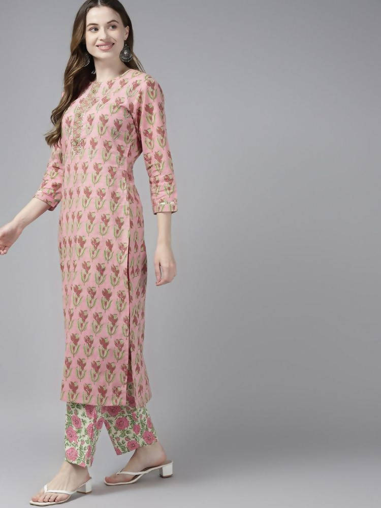 Yufta Women Pink Floral Print Aari Work Pure Cotton Kurta with Palazzo and Dupatta | Grab2Buy