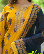 Yufta Women Mustard Yellow & Navy Blue Printed Kurta with Trouser and Dupatta | Grab2Buy