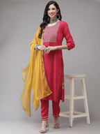 Yufta Women Pink Solid Kurta with Trouser & With Dupatta | Grab2Buy