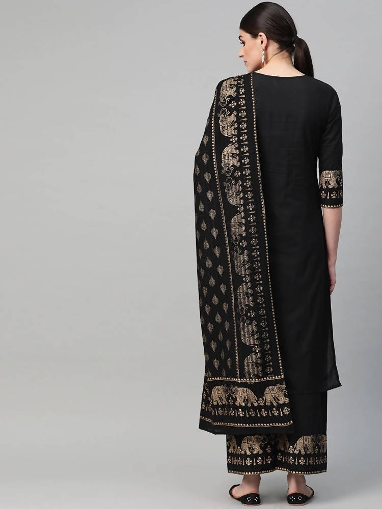 Yufta Women Black & Golden Solid Kurta with Palazzo & Dupatta | Grab2Buy