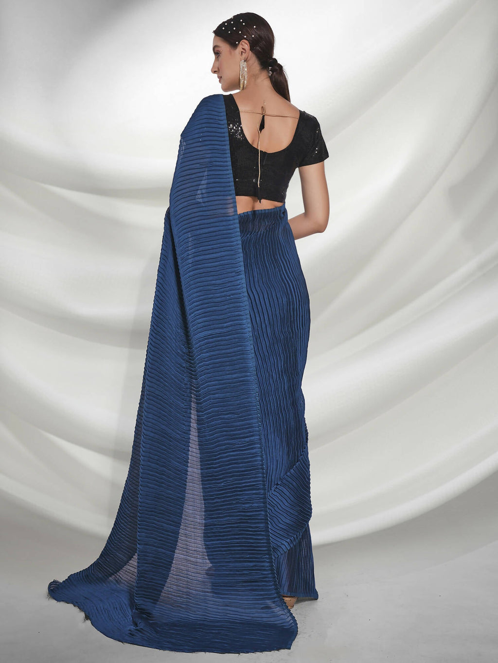 Teal Georgette Solid Texture Saree With Unstitched Blouse Piece - Rajal | Grab2Buy