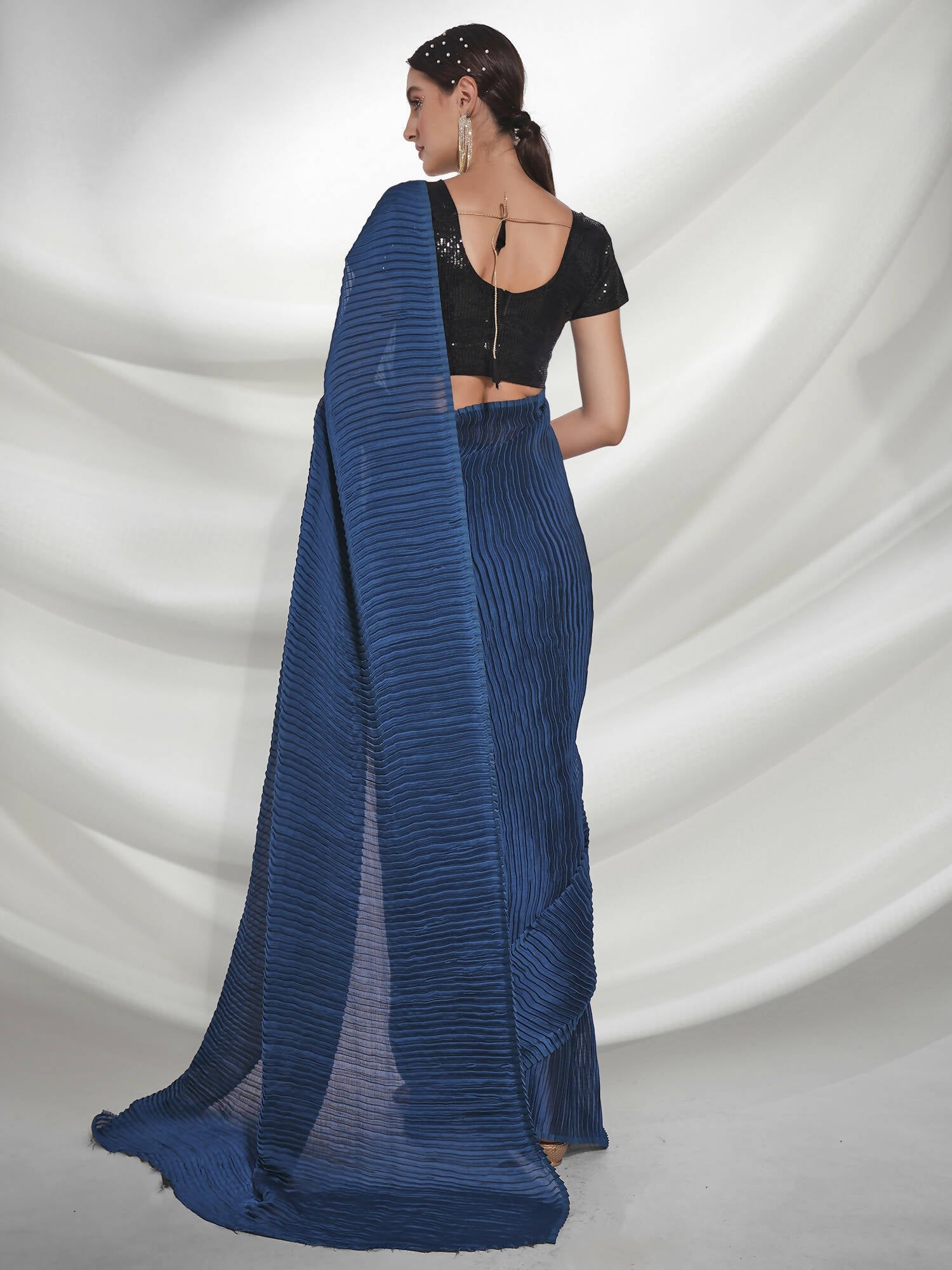 Teal Georgette Solid Texture Saree With Unstitched Blouse Piece - Rajal | Grab2Buy