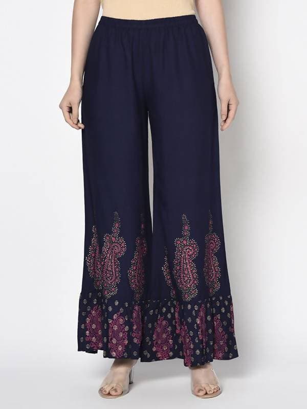 Aniyah Rayon Navy Blue Color Block Print Flared Slip-On Palazzo (AN-216K) | Grab2Buy