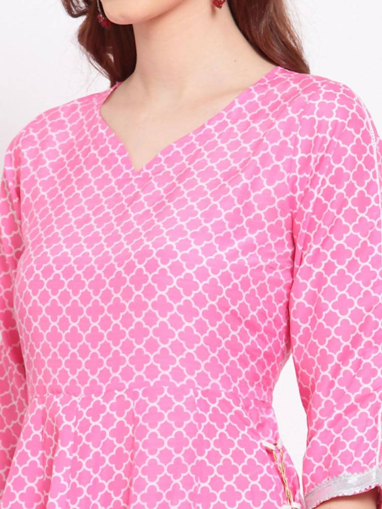 Indian Clothing Myshka Women's Pink Printed Cotton Blend 3/4 Sleeve V Neck Casual Anarkali Kurta Dupatta Set | Grab2Buy