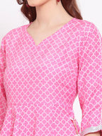 Indian Clothing Myshka Women's Pink Printed Cotton Blend 3/4 Sleeve V Neck Casual Anarkali Kurta Dupatta Set | Grab2Buy