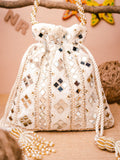 NR By Nidhi Rathi White Mirror Work Embroidered Potli Clutch | Grab2Buy