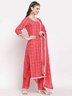 Myshka Women's Red Cotton Printed 3/4 Sleeve Round Neck Casual Kurta Pant Dupatta Set | Grab2Buy