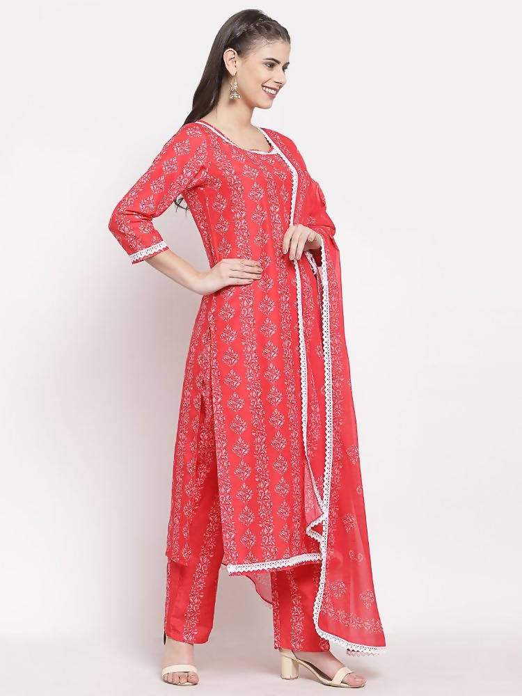 Myshka Women's Red Cotton Printed 3/4 Sleeve Round Neck Casual Kurta Pant Dupatta Set | Grab2Buy