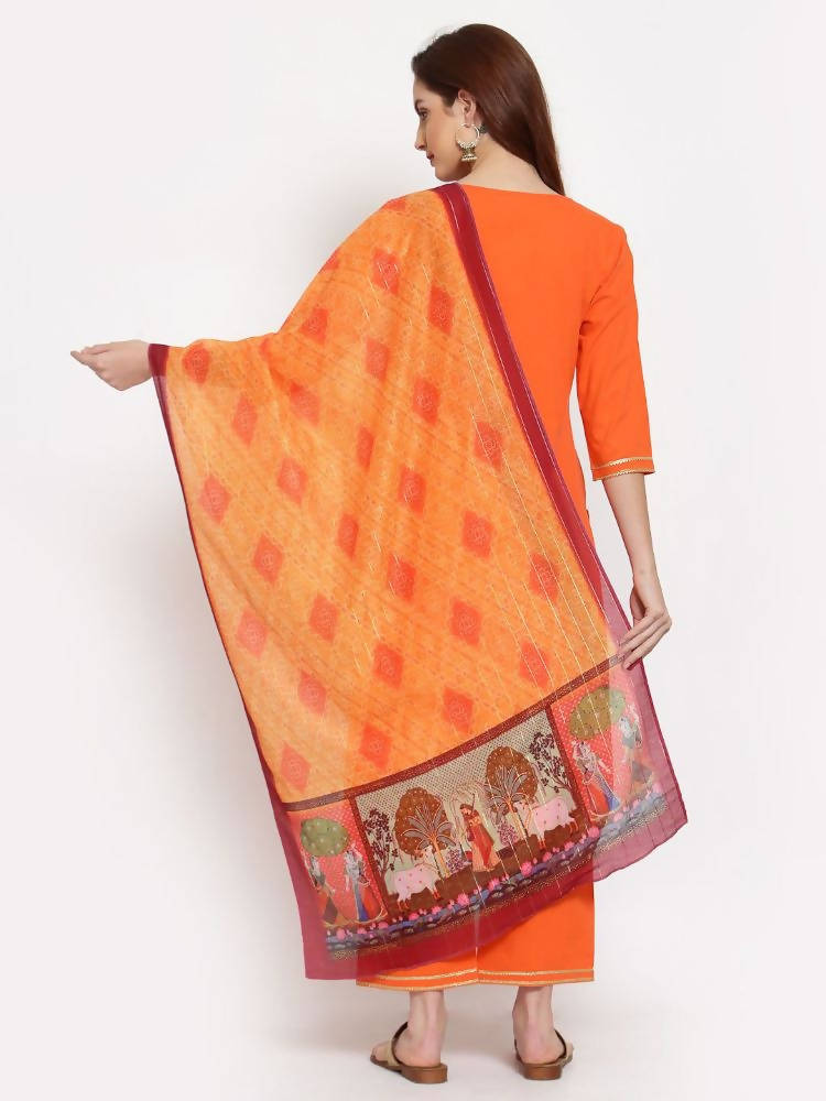 Myshka Women's Orange Solid Cotton 3/4 Sleeve Round Neck Casual Kurta Pant Dupatta Set | Grab2Buy