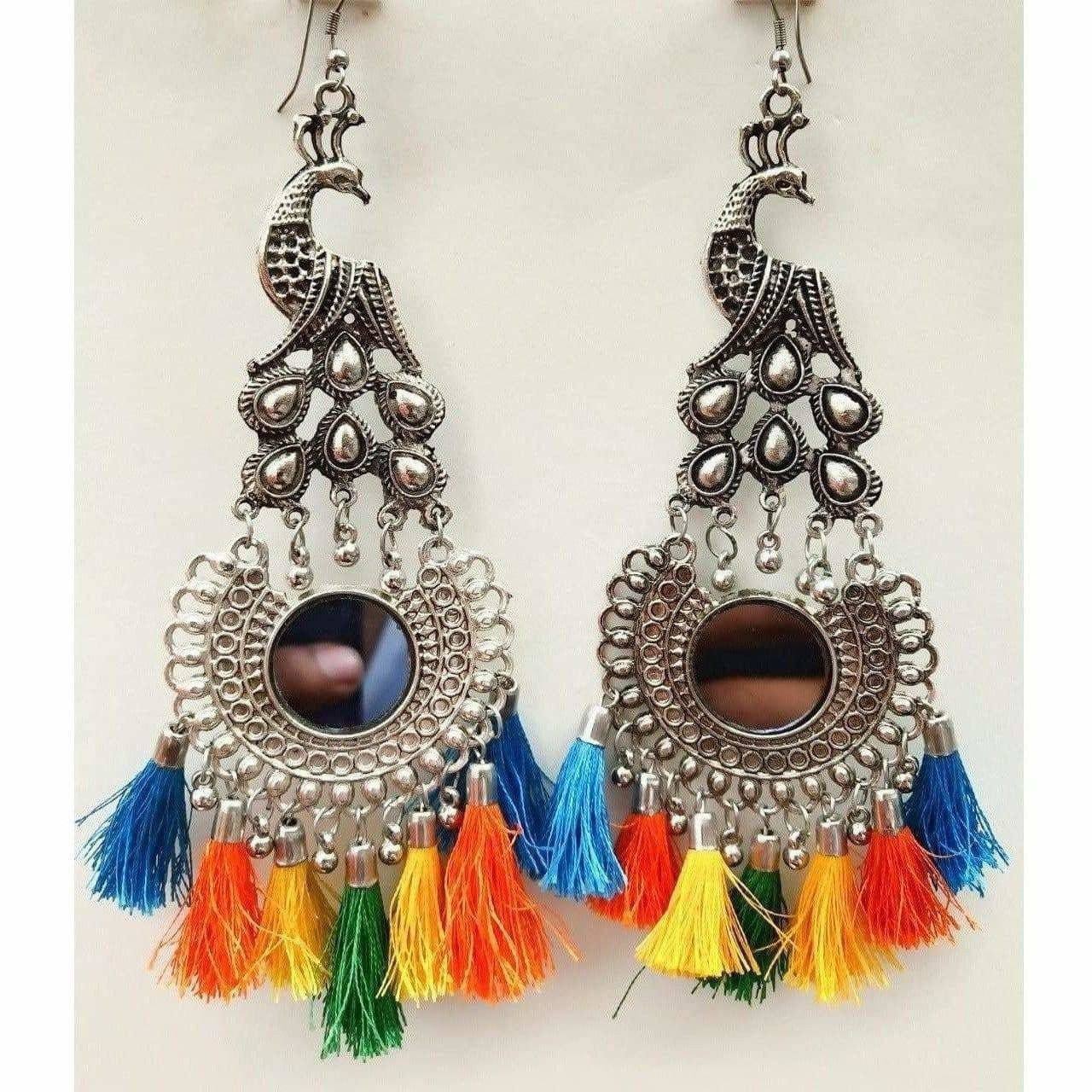 MS Fashion India Peacock Design Mirror Chandbali Silk Thread Party Wear Earrings | Grab2Buy