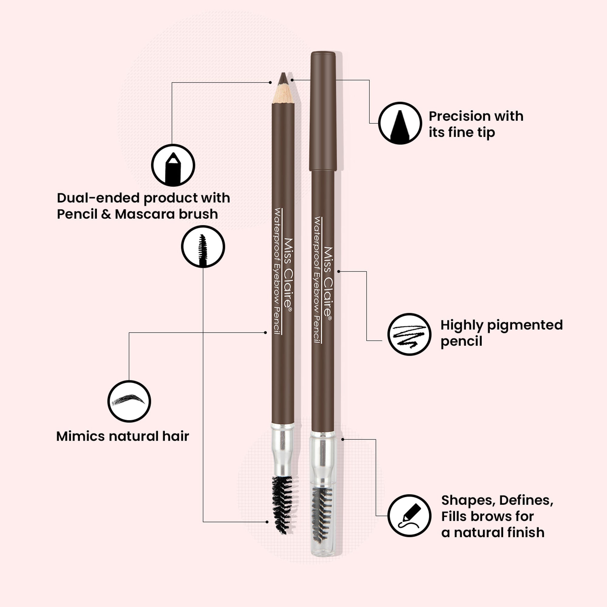 Miss Claire Waterproof Eyebrow Pencil With Mascara Brush - 03 Medium Brown | Grab2Buy