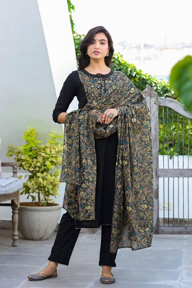 Yufta Women Black Patch Work Kurta with Palazzo & Dupatta | Grab2Buy