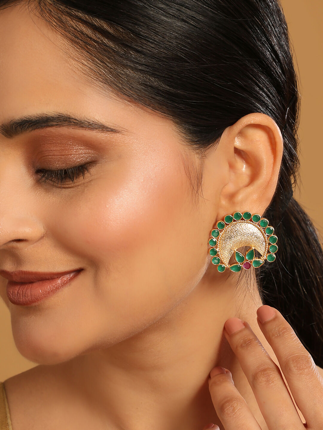 Nuyug 22K Gold Plated Faux Emerald Stone Studded Contemporary Shaped Studs | Grab2Buy