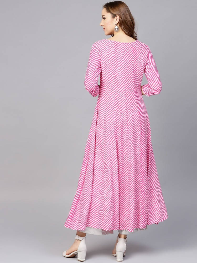 Yufta Women Pink & White Lehariya Print Anarkali Kurta | Grab2Buy