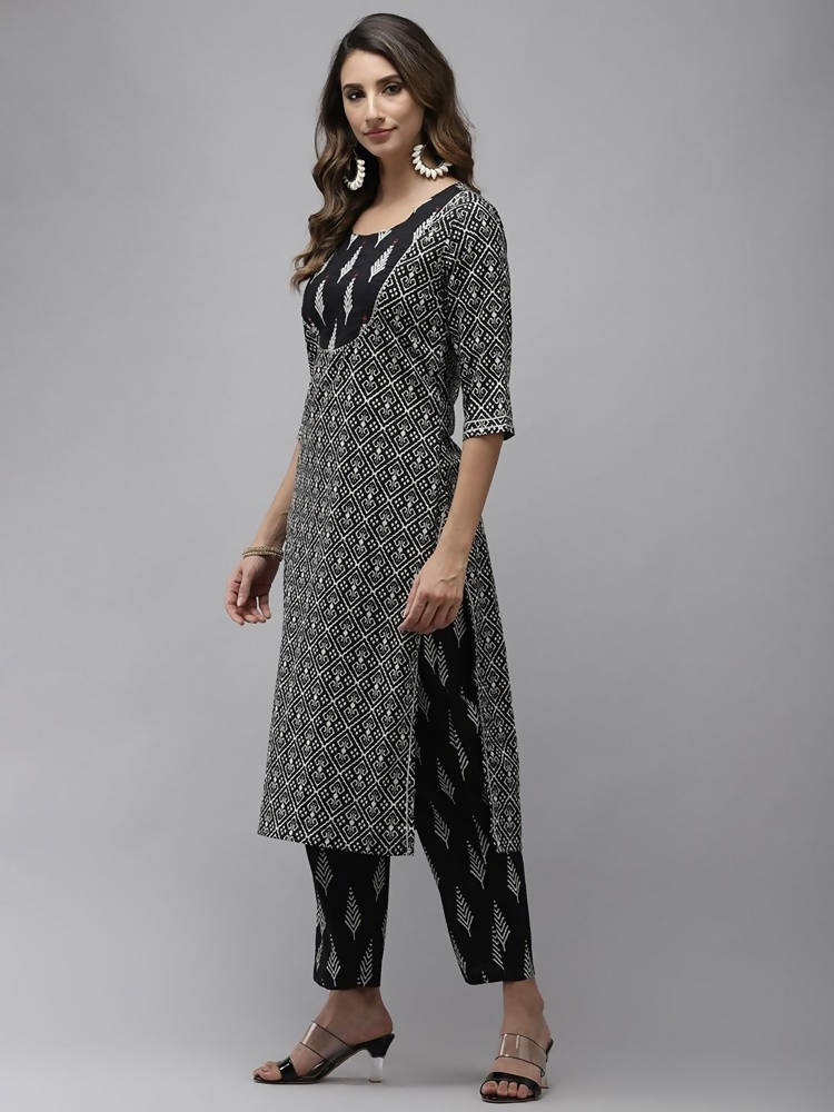 Yufta Women Black & Off-White Ethnic Motifs Printed Thread Work Cotton Kurta Set & Dupatta | Grab2Buy