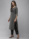 Yufta Women Black & Off-White Ethnic Motifs Printed Thread Work Cotton Kurta Set & Dupatta | Grab2Buy