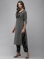 Yufta Women Black & Off-White Ethnic Motifs Printed Thread Work Cotton Kurta Set & Dupatta | Grab2Buy