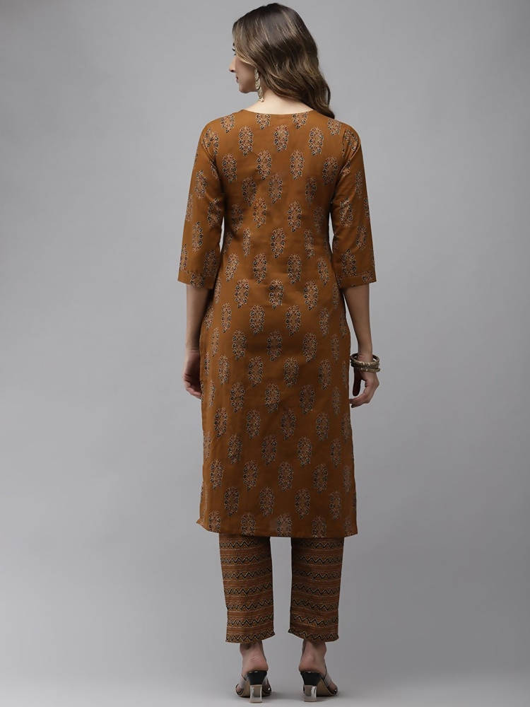 Yufta Women Mustard Brown Sequinned Pure Cotton Kurta with Trouser | Grab2Buy